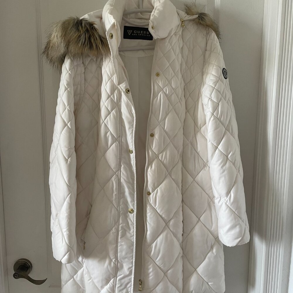 GUESS Los Angeles Quilted white coat with hood Size L